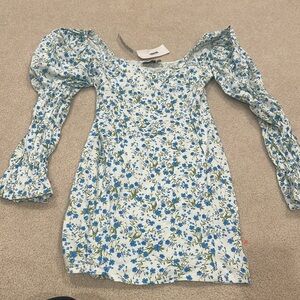 Blue Flowered Long Sleeve Dress